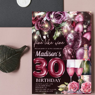 Luxe Magenta Wijn Volwassene 30e Verjaardag Kaart