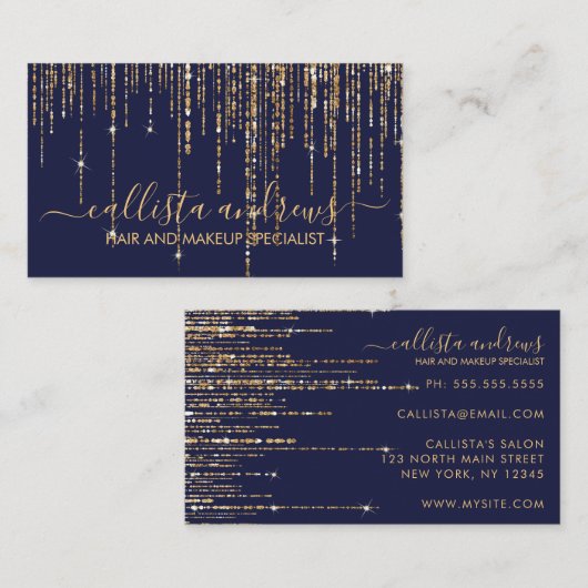 Luxe Marine Blauw Goud Glitter Fringe Gordijn Visitekaartje (Voorkant / Achterkant)