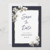 Luxe marine blauw goud wit orchidee Save The Date Kaart (Voorkant)