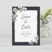 Luxe marine blauw goud wit orchidee Save The Date Kaart (Staand voorkant)