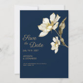 Luxe marineblauw goud witte bloem Save the Date Kaart (Voorkant)
