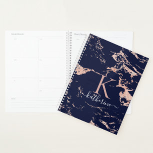 Luxe marineblauw Roos goudfolie marmer monogram Planner