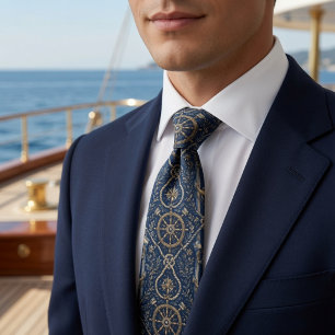 Luxe maritieme marineblauwe en gouden anker stropdas