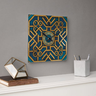 Luxe marmeren Art Deco Blauwe Gouden Griekse Sleut Vierkante Klok