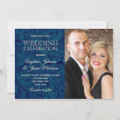 Luxe Marmeren Gouden Marine Blauwe Foto Huwelijksu Kaart (Voorkant)