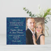 Luxe Marmeren Gouden Marine Blauwe Foto Huwelijksu Kaart (Staand voorkant)