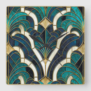 Luxe Marmeren Mozaïek Art Deco Blauw Goud & Blauwg Vierkante Klok