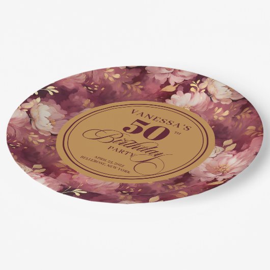 Luxe Marsala Blush Gouden Bloemen 50e Verjaardag Papieren Bordje (Gekanteld)