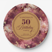 Luxe Marsala Blush Gouden Bloemen 50e Verjaardag Papieren Bordje (Voorkant)