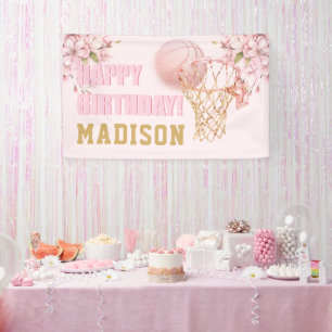 Luxe Meisje Verjaardag Roze Goud Basketbal Spandoek