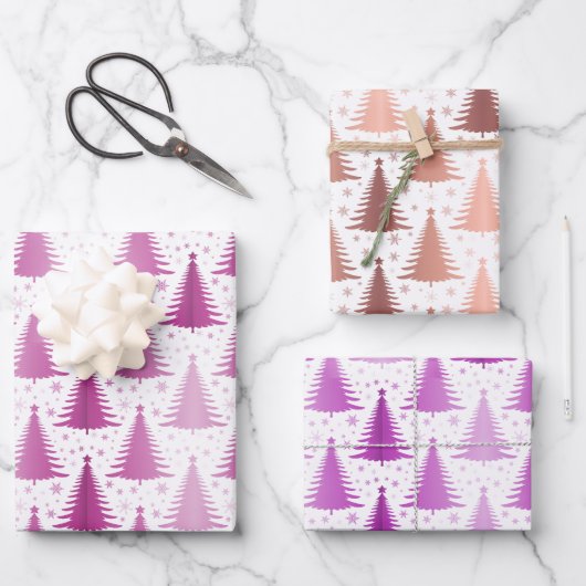 Luxe Metallic Paarse kerstboompatroon Inpakpapier Vel (Voorkant)