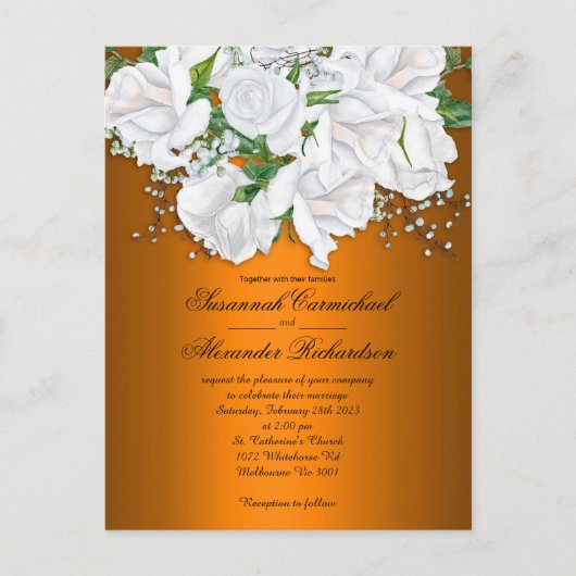 Luxe Metallic Sinaasappel en witte rozen bruiloft Briefkaart (Voorkant)