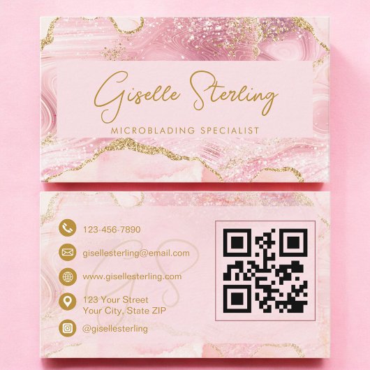 Luxe Microblading Blush Roze Goud Agate QR Code Visitekaartje