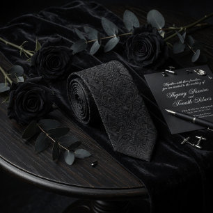 Luxe Midnight Zwarte Geprägde Damast Bloemmotief Stropdas