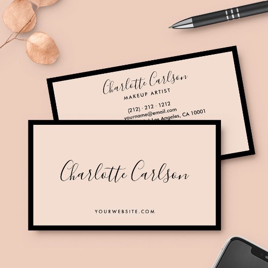 Luxe Modern Script Blush Pink Black Visitekaartje