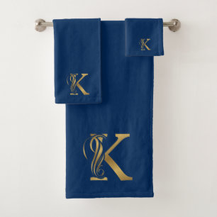 Luxe monogram gouden letter K op blauw Bad Handdoek