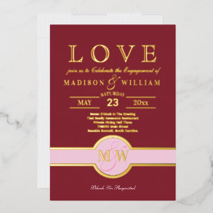Luxe Monogram LOVE Verloving Feest Burgundy Goud Folie Uitnodiging