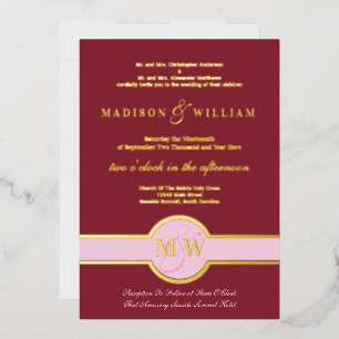 Luxe Monogram Modern Wedding Burgundy Gold Folie Uitnodiging
