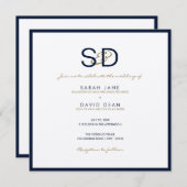 LUXE Monogram Navy Blue & White Wedding Invitation Kaart (Voorkant / Achterkant)