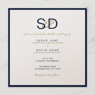LUXE Monogram Navy Blue & White Wedding Invitation Kaart