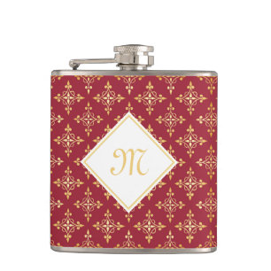 Luxe Monogram Rode en Gouden Quatre Bloemmotief Heupfles