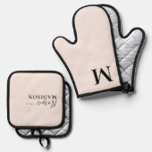 Luxe Monogram Script Blush Pink Ovenwant & Pannenlap Set (Voorkant / Achterkant)