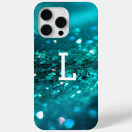 Luxe monogram turquoise glitter iPhone 15 pro max hoesje