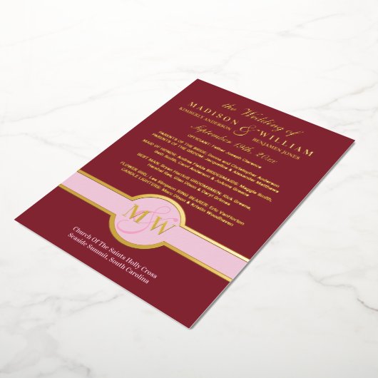 Luxe Monogramme Programme de mariage Bourgogne Or (Rotation)