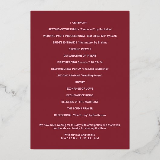 Luxe Monogramme Programme de mariage Bourgogne Or (Verso)