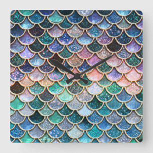 Luxe multicolor Glitter Mermaid Scales Vierkante Klok