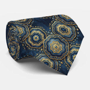 Luxe namaakzijde Navyblauw + gouden geode halsdo Stropdas