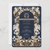 Luxe Navy Blauw & Antiek Goud Bloemen Bruiloft Kaart (Voorkant)