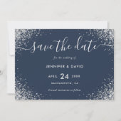 Luxe Navy Blauwe en Zilveren Glitter Bruiloft Save The Date (Voorkant)
