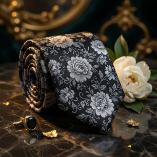 Luxe Navy Blauwe Gouden Bloemendamask Stropdas