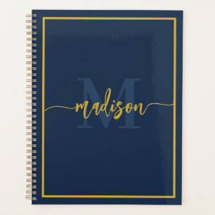 Luxe Navy Blauwe Gouden Monogram Script Naam Planner