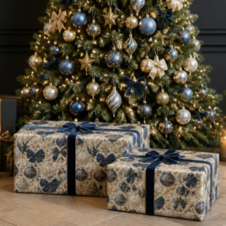 Luxe Navy Blauwe, Ivoren & Gouden Kerstversiering Cadeaupapier