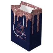 Luxe Navy Blue Roos Gold Glitter Drips Verjaardag Medium Cadeauzakje (Voorkant Gekanteld)