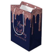 Luxe Navy Blue Roos Gold Glitter Drips Verjaardag Medium Cadeauzakje (Achterkant Gekanteld)