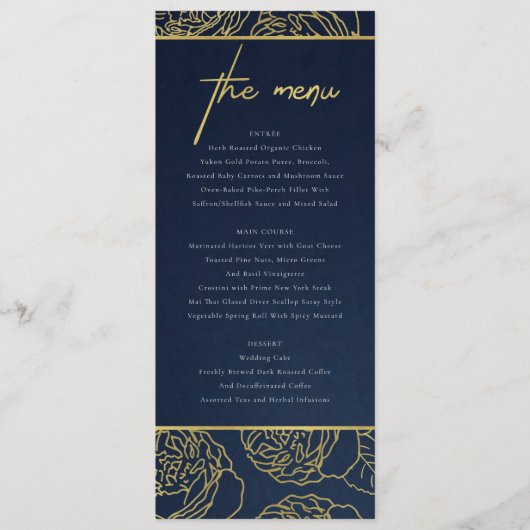 LUXE NAVY FAUX GOLD KRAFT ELEGANT MENU FLORAL ROSE (Devant)