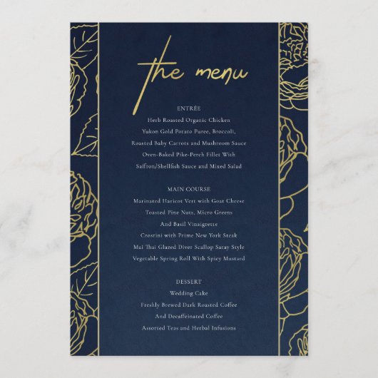 LUXE NAVY FAUX GOLD KRAFT ELEGANT ROOS FLORAL MENU (Voorkant)