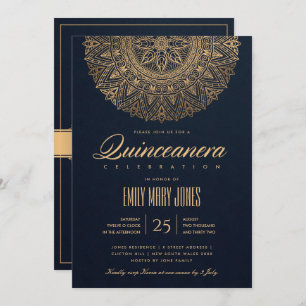 LUXE NAVY GOLD CLASSIC MANDALA QUINCEANERA KAART