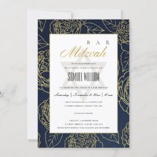 LUXE NAVY GOLD ROOS FLORAL BAT BAR MITZVAH INVITE BEDANKKAART