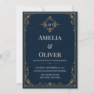 Luxe Navy Goud Art Deco Monogram Huwelijksuitnodig Kaart