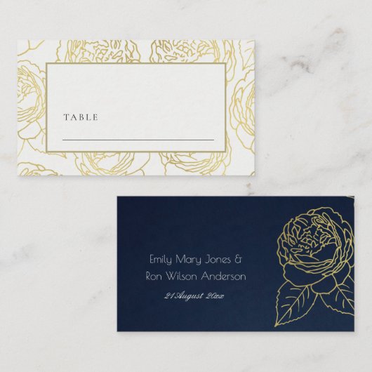 LUXE NAVY GOUD KRAFT ELEGANTE ROOS FLORALE TROUW PLAATSKAARTJE (Voorkant / Achterkant)