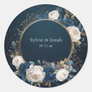 Luxe Navy Goud Witte Pioen Bloemenkrans Bruiloft Ronde Sticker