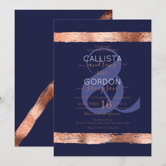 Luxe Navy Roos Gold Brushstroke Border Wedding Kaart (Voorkant / Achterkant)