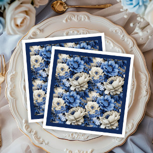 Luxe Navyblauw Bloemmotief Ivoor Elegant Eettafel Servet