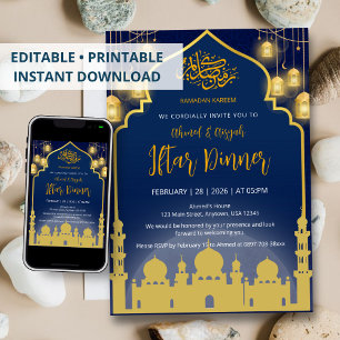 Luxe Navyblauw en Gouden Moskee Iftar-diner Kaart