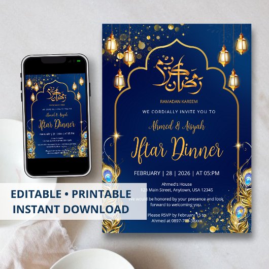Luxe Navyblauw en Gouden Pauw Ramadan Iftar Kaart