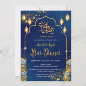 Luxe Navyblauw en Gouden Pauw Ramadan Iftar Kaart (Voorkant)